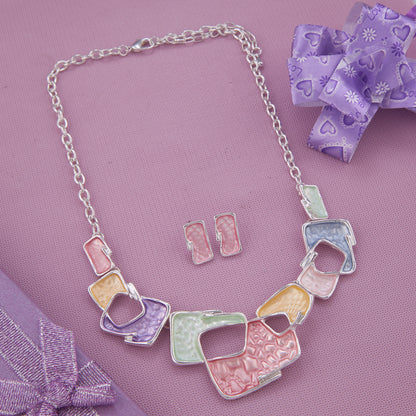 Pastel Geometric Necklace & Earrings Set – Silver-Tone Charm