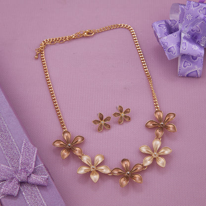 Elegant Floral Necklace Set in Gold Tone with Matching Earrings for Women