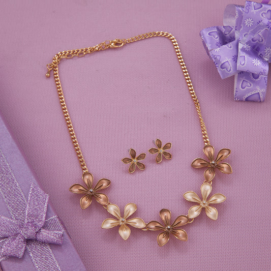 Elegant Floral Necklace Set in Gold Tone with Matching Earrings for Women