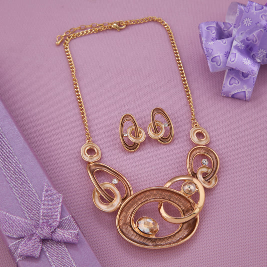 Stylish Gold-Toned Oval Necklace Set with Crystal Accents for Women