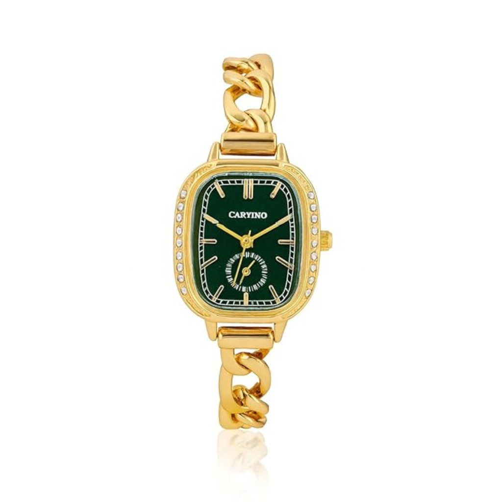 Chic Gold & Green Watch with Crystal Bezel and Link Bracelet for Women