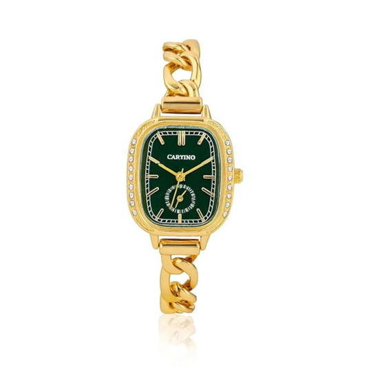 Chic Gold & Green Watch with Crystal Bezel and Link Bracelet for Women