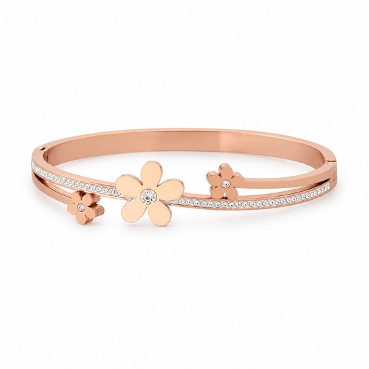 Rose Gold Floral Charm Bracelet with CZ Accents for Women & Girls