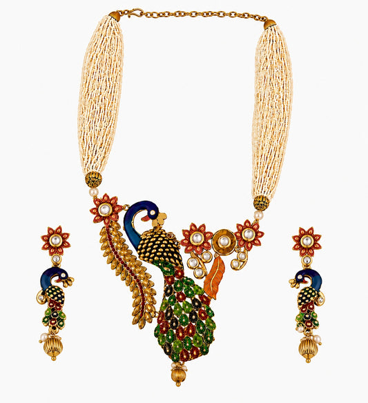 Traditional Peacock Design Necklace & Earrings Set with Pearls