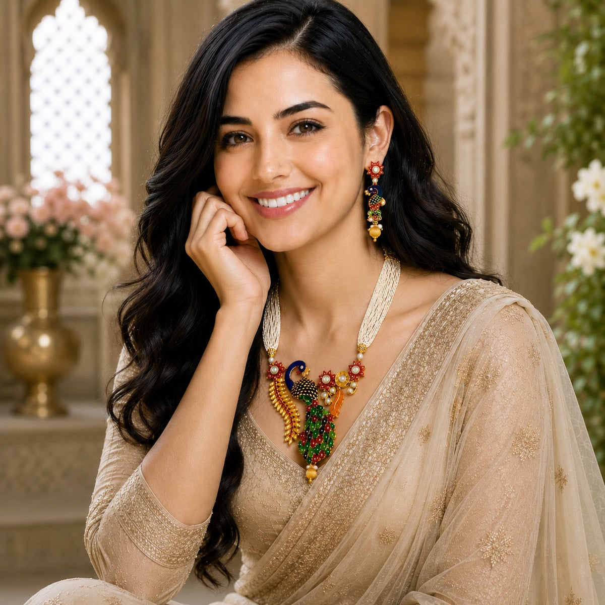 Traditional Peacock Design Necklace & Earrings Set with Pearls
