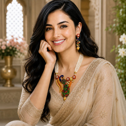 Traditional Peacock Design Necklace & Earrings Set with Pearls