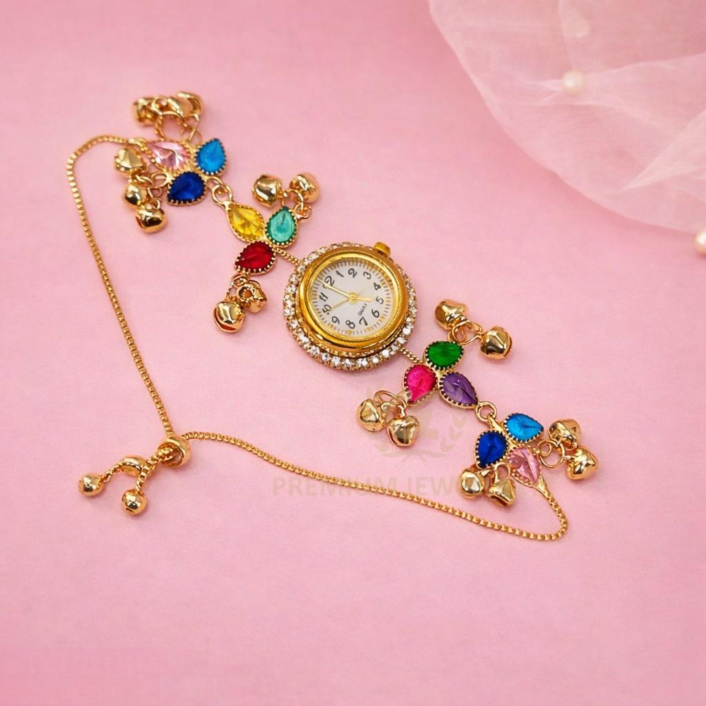 Fashion Gold Watch with Multicolor Crystal Drops & Ghunghru