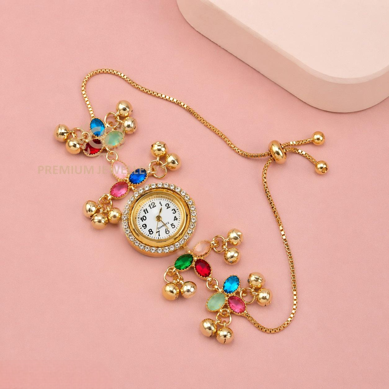 Statement Gold Kashmiri Watch with Oval Stones & Ghunghru
