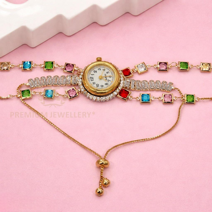 Designer Gold Kashmiri Watch with Multicolor Stones & Charms