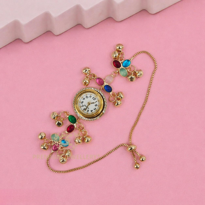 Statement Gold Kashmiri Watch with Oval Stones & Ghunghru