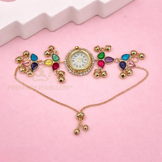 Fashion Gold Watch with Multicolor Crystal Drops & Ghunghru