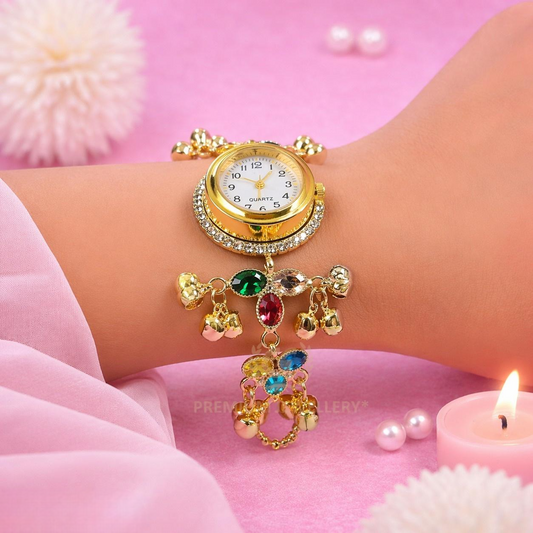 Statement Gold Kashmiri Watch with Oval Stones & Ghunghru