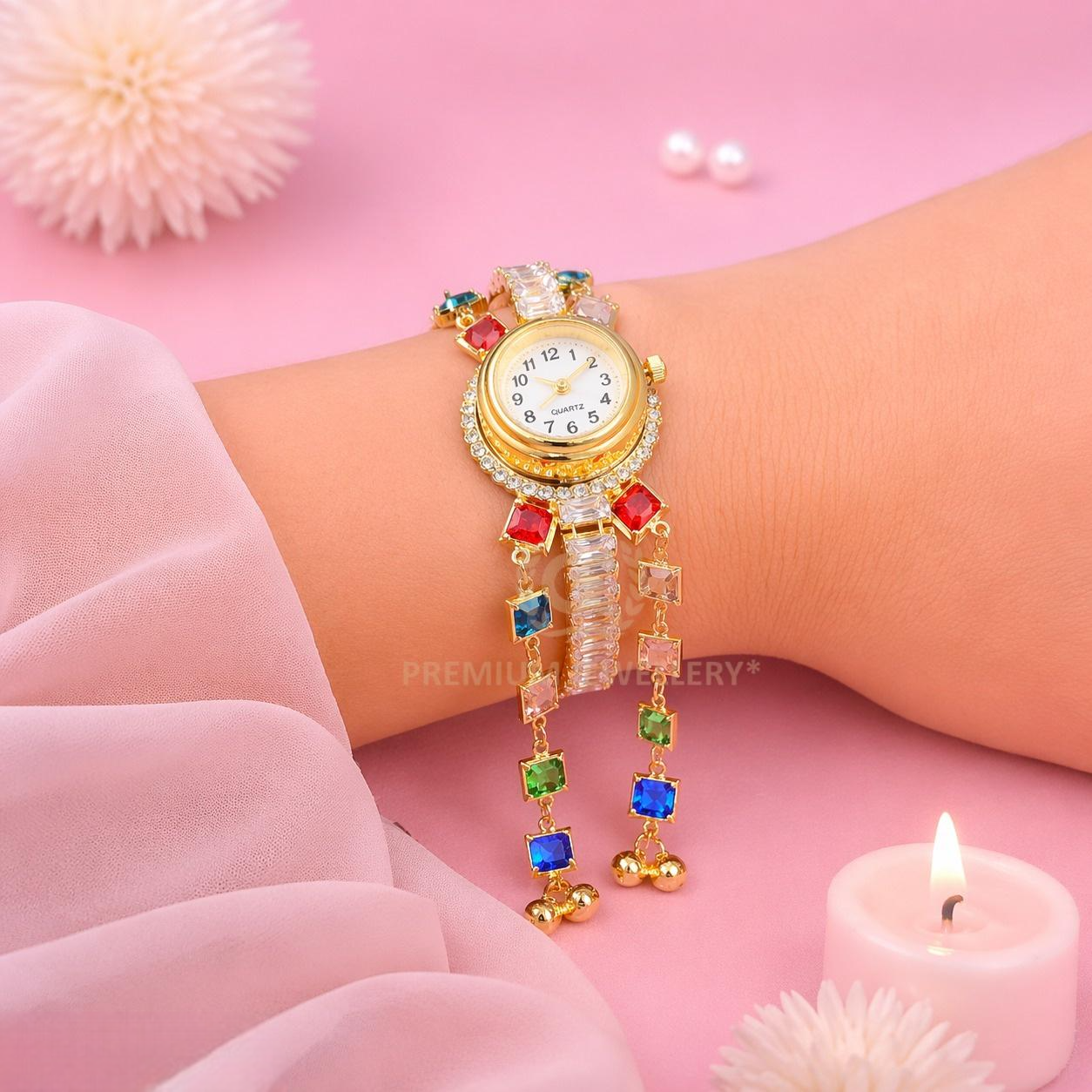 Designer Gold Kashmiri Watch with Multicolor Stones & Charms