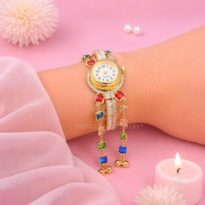 Designer Gold Kashmiri Watch with Multicolor Stones & Charms
