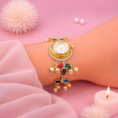 Fashion Gold Watch with Multicolor Crystal Drops & Ghunghru