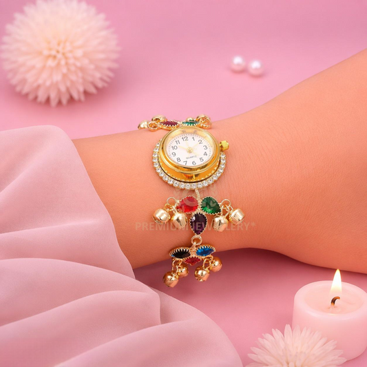 Fashion Gold Watch with Multicolor Crystal Drops & Ghunghru
