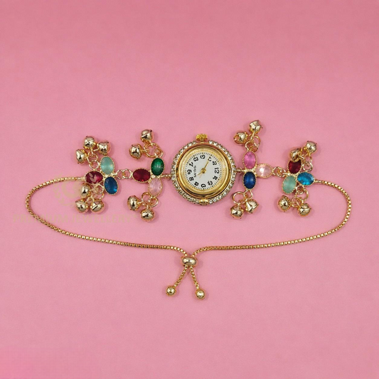 Statement Gold Kashmiri Watch with Oval Stones & Ghunghru